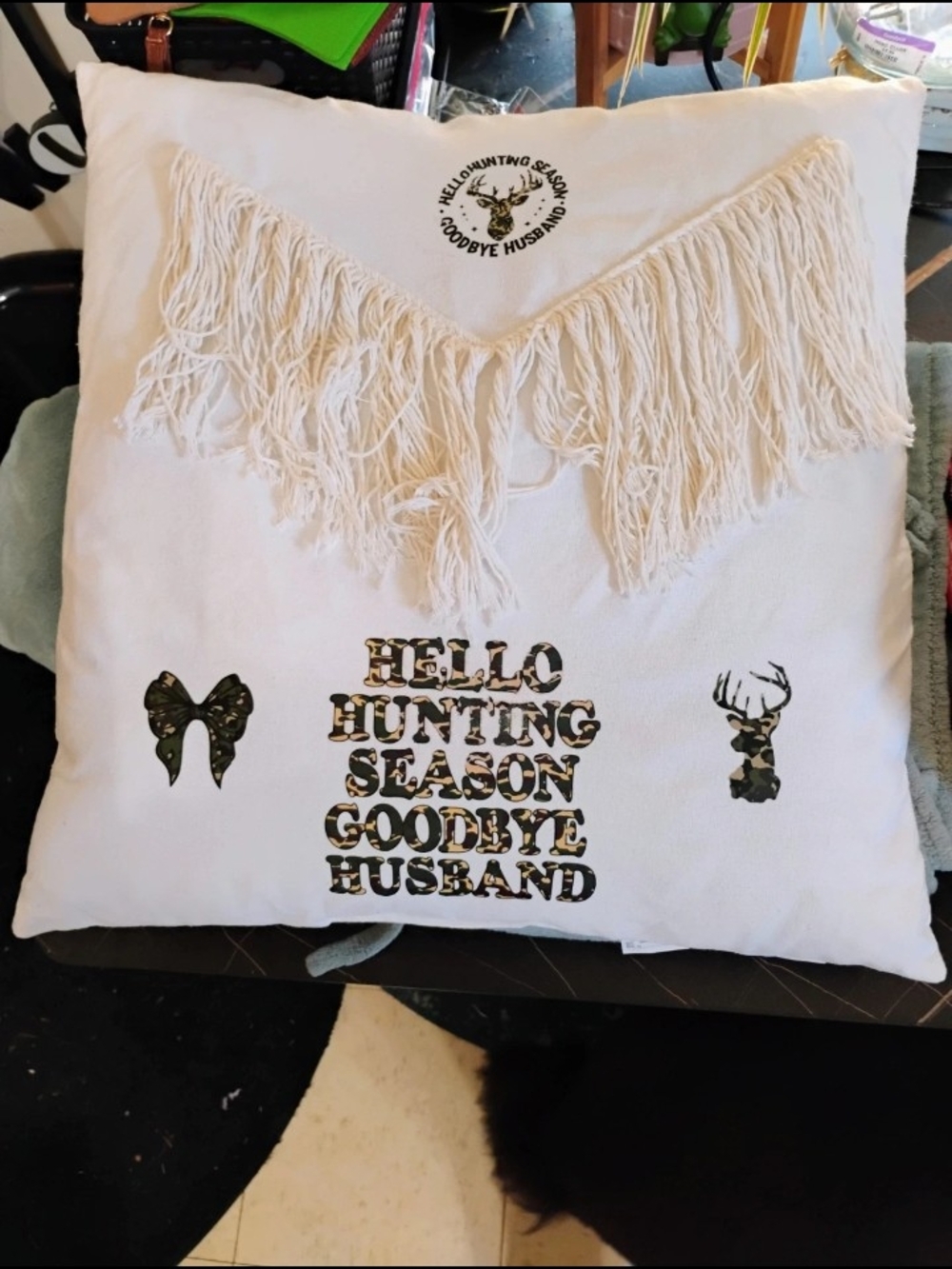Fringe Accent Pillow in Cream with Camouflage Print